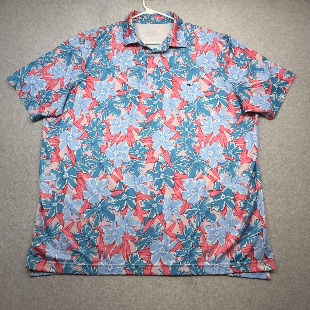 Vineyard Vines OTG Sankaty Polo Shirt Mens XL Pink Blue Floral Golf Performance